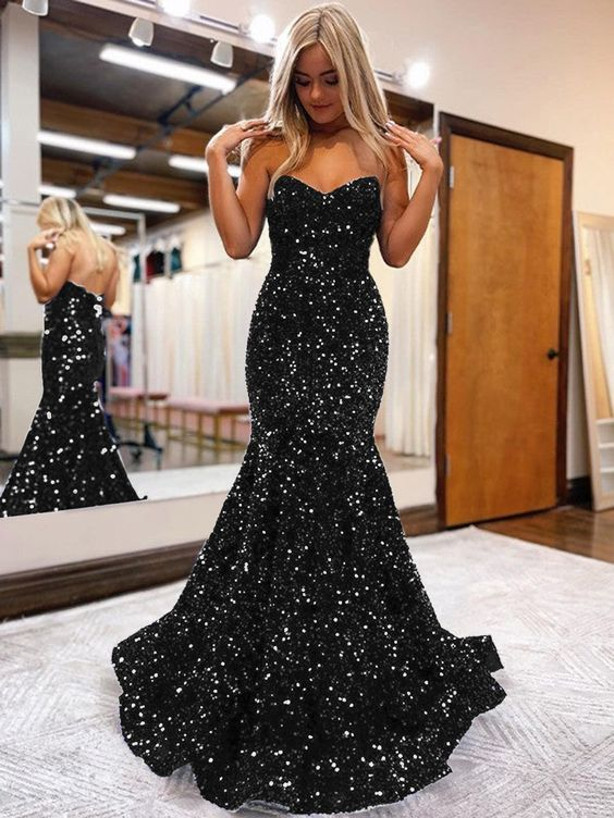 Luxury Black Long Sleeve Evening Gown Sequin Stretchy Velvet V Neck Mermaid  Prom Floor Length Dress | Lazada PH